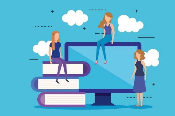 mini people with computer and books vector illustration design