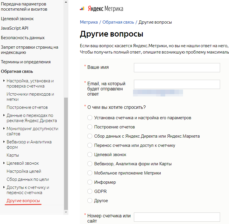 Раздел Другие вопросы в помощи по Яндекс Метрике