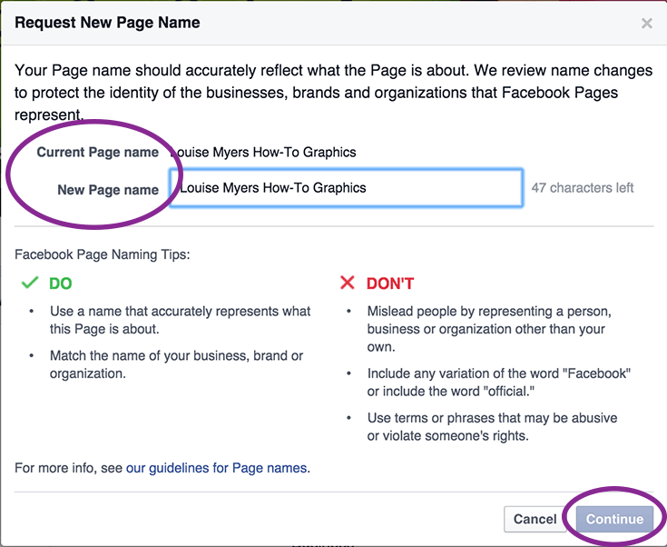 How to Change Your Facebook Page Name Step 2: Fill in your new name and submit request
