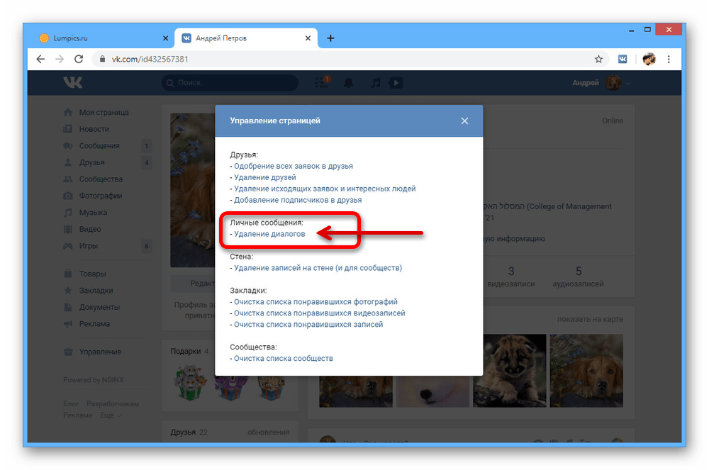 Использование функции удаления диалогов на сайте ВКонтакте