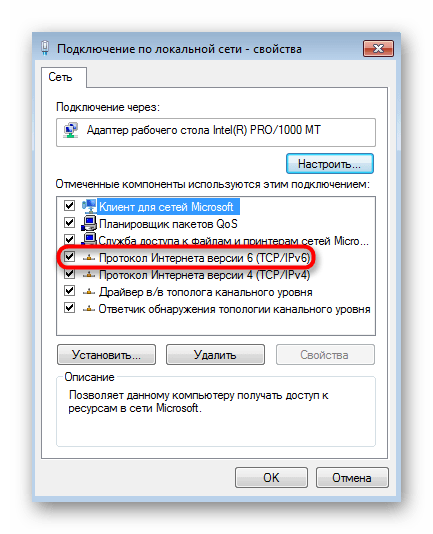 Отключение сетевого протокола шестой версии для сетевого адаптера Windows 7
