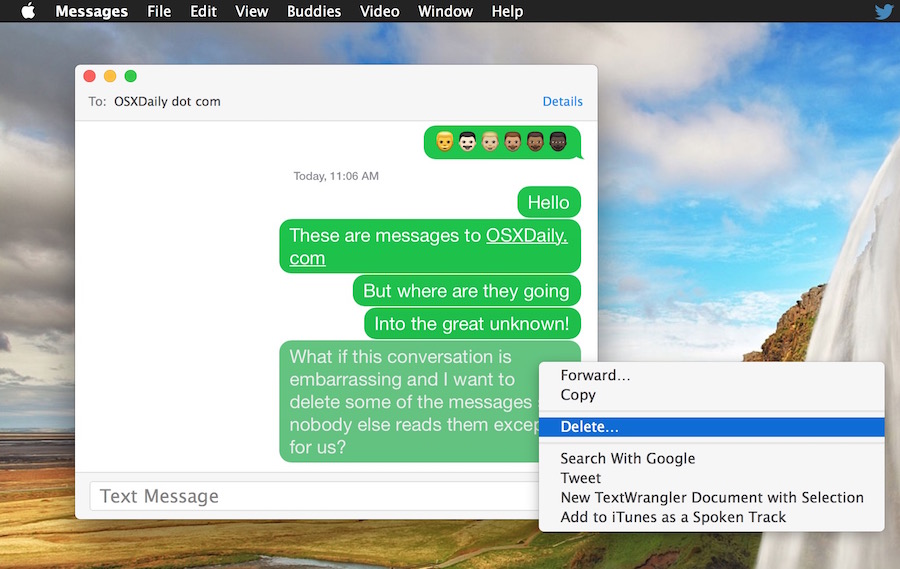 Delete a specific message segment of a conversation in Messages for Mac OS X