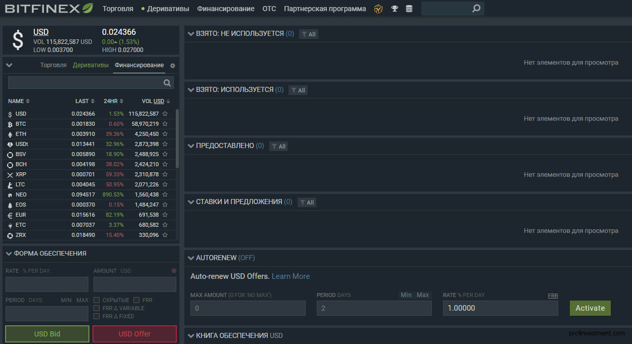 криптовалютный заработок на пассиве Bitfinex