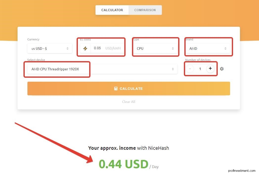 калькулятор майнинга на процессоре
