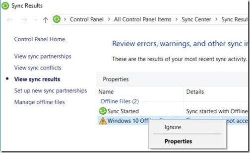 Windows 10 Offline Files - Sync Status - Ignore