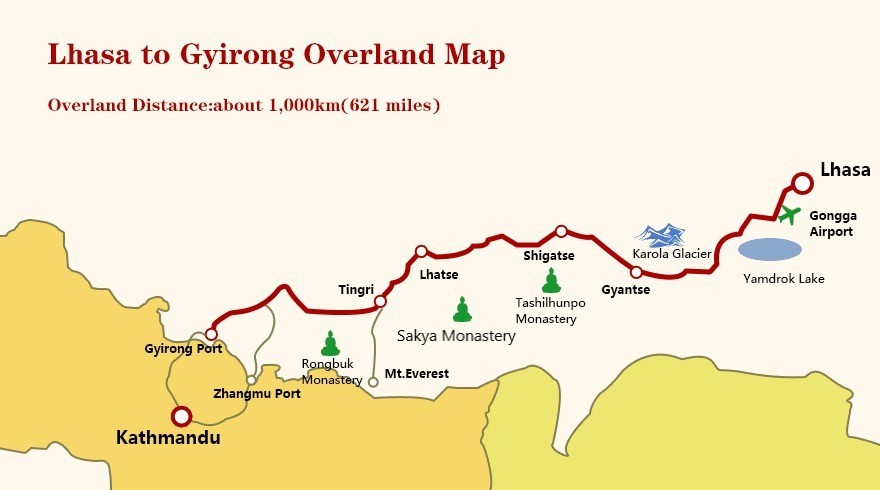 Lhasa to Gyirong overland map.