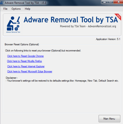 Reset browser option in Adware Removal Tool